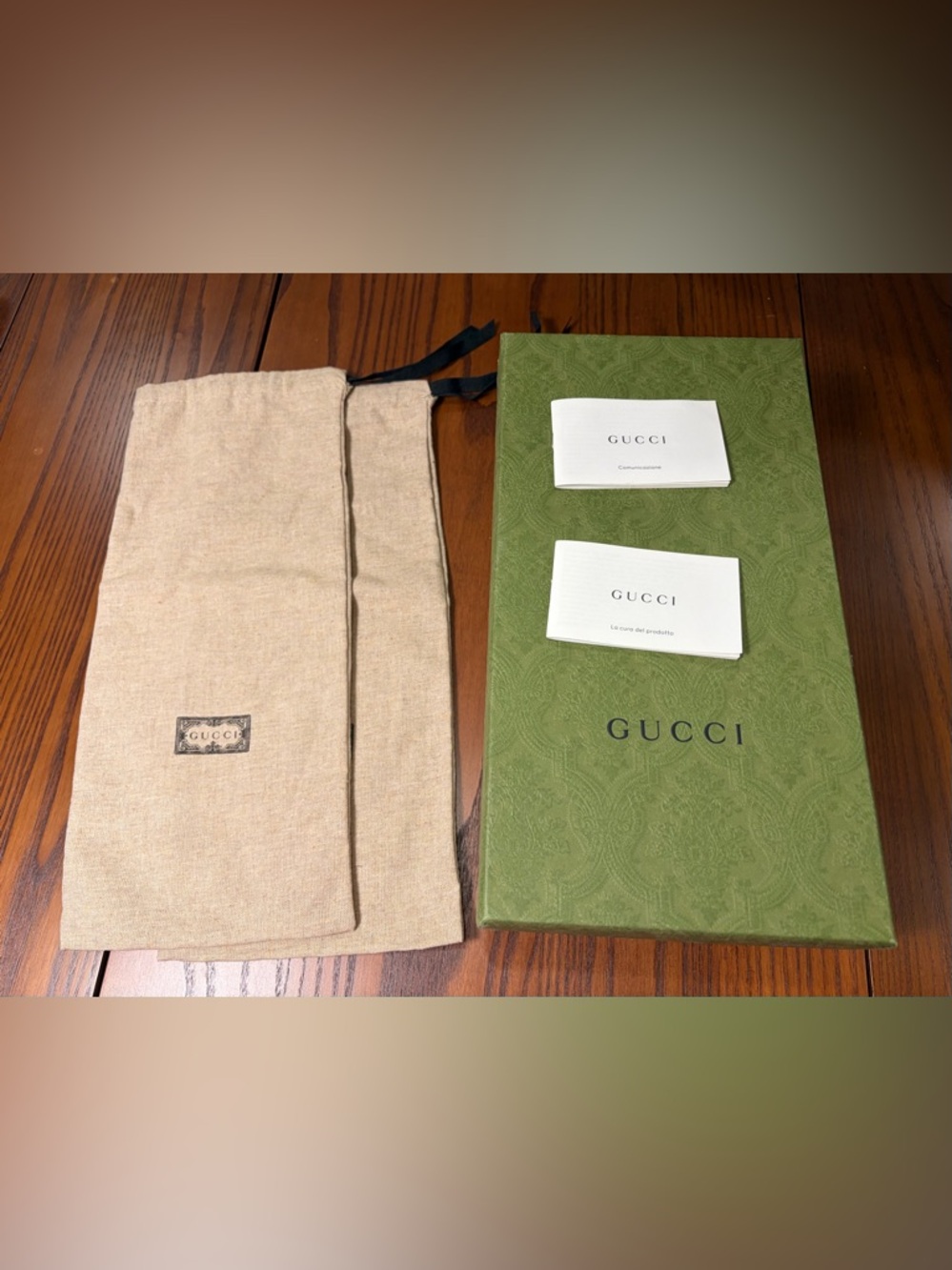 Gucci Green Embossed Box with Beige Canvas Dust Bags and Booklets